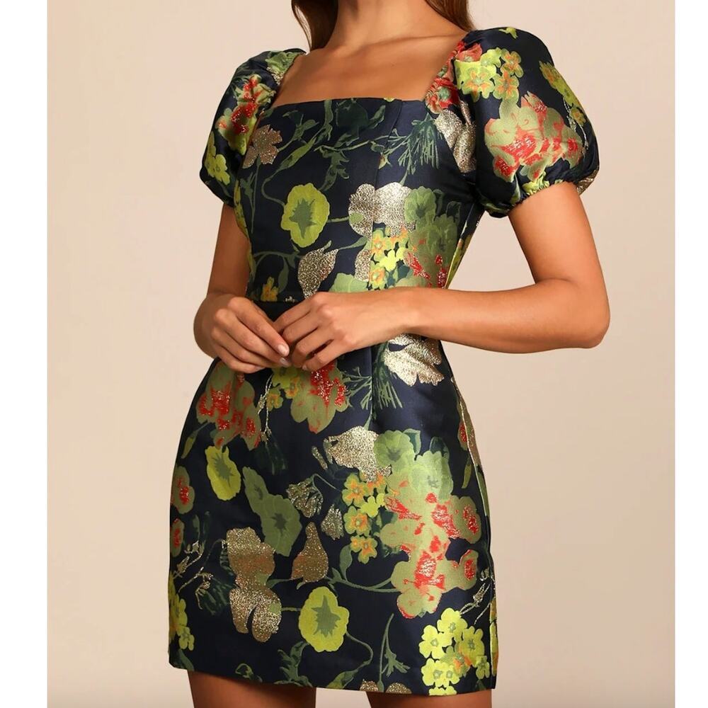 NWT Lulu’s So Stunning Navy Blue Floral Jacquard Puff Sleeve Mini Dress • Size S